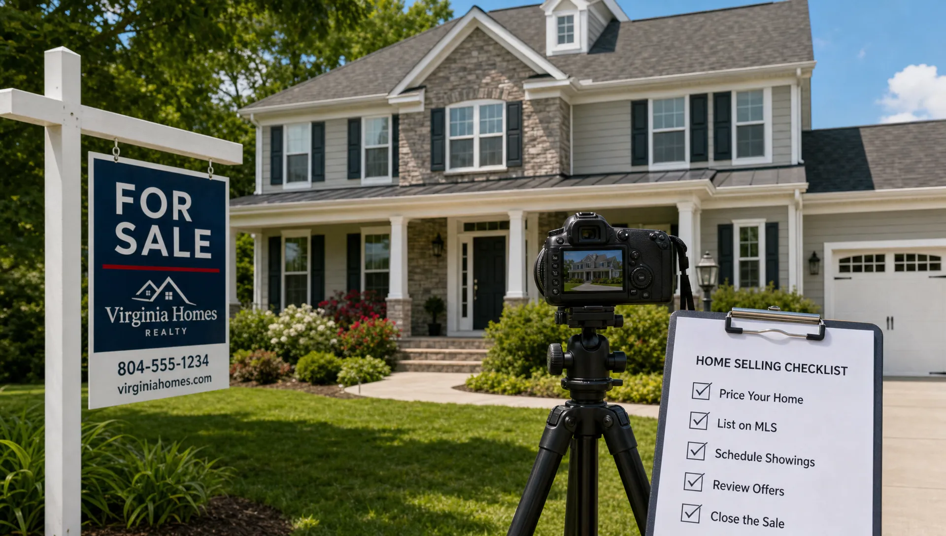 A well-kept Virginia home with a for-sale sign in the front yard, a real estate camera and tripod set up for exterior photos, and a simple checklist showing pricing, MLS listing, showings, offers, and closing.