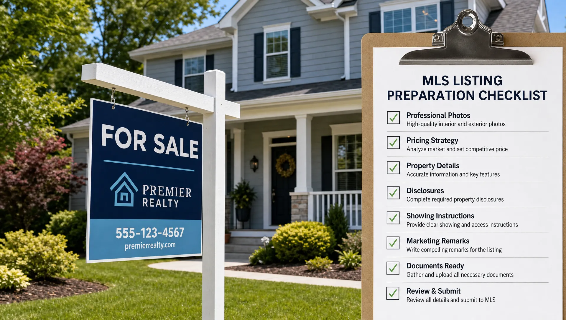 A well-lit home exterior with a for sale sign in the front yard, paired with a neat checklist showing MLS listing preparation items such as photos, pricing, disclosures, and showing instructions.