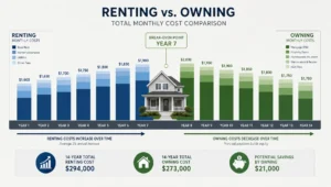 Bars, arrows, and a home icon visualize the break-even math behind flat fee realty.