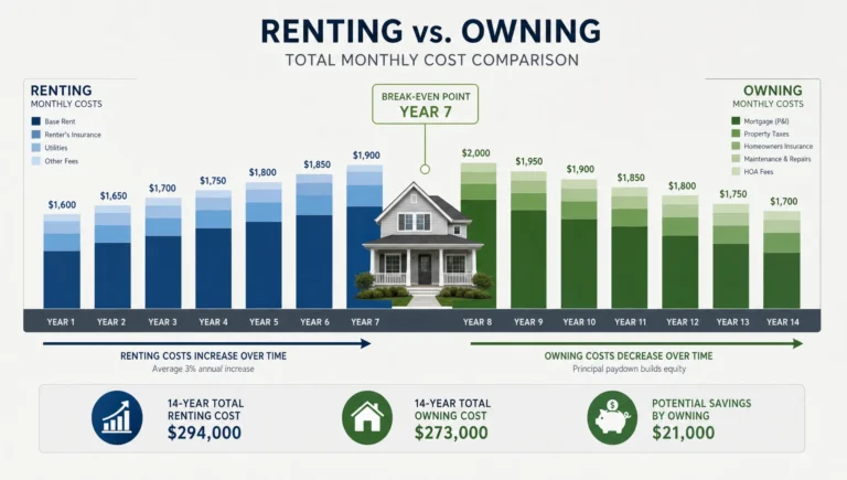 Bars, arrows, and a home icon visualize the break-even math behind flat fee realty.