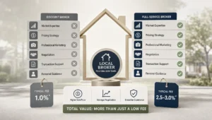 Comparison panels, check marks, and a house outline suggest choosing a flat fee MLS service.