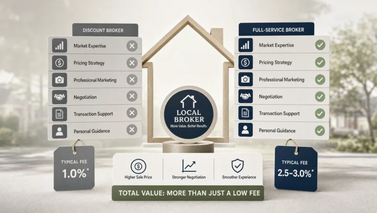 Comparison panels, check marks, and a house outline suggest choosing a flat fee MLS service.