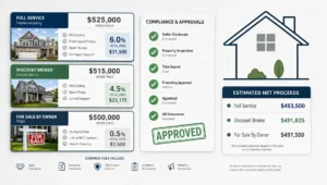 Layered listing cards and approval marks compare flat fee service levels around a simple house outline.