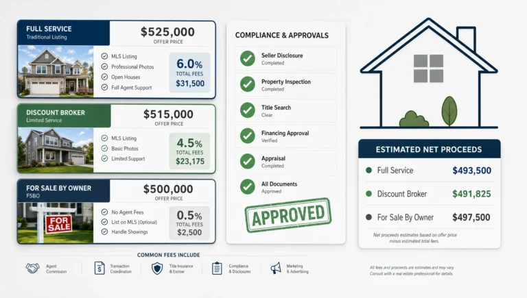 Layered listing cards and approval marks compare flat fee service levels around a simple house outline.