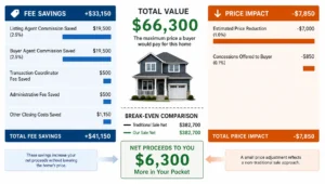 Layered value bars and a house silhouette compare fee savings against price impact in a flat fee sale.