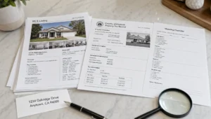 MLS listing papers, a county tax record, and a showing checklist sit on a kitchen table for a buyer to compare details before making an offer.