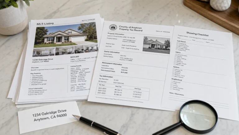 MLS listing papers, a county tax record, and a showing checklist sit on a kitchen table for a buyer to compare details before making an offer.