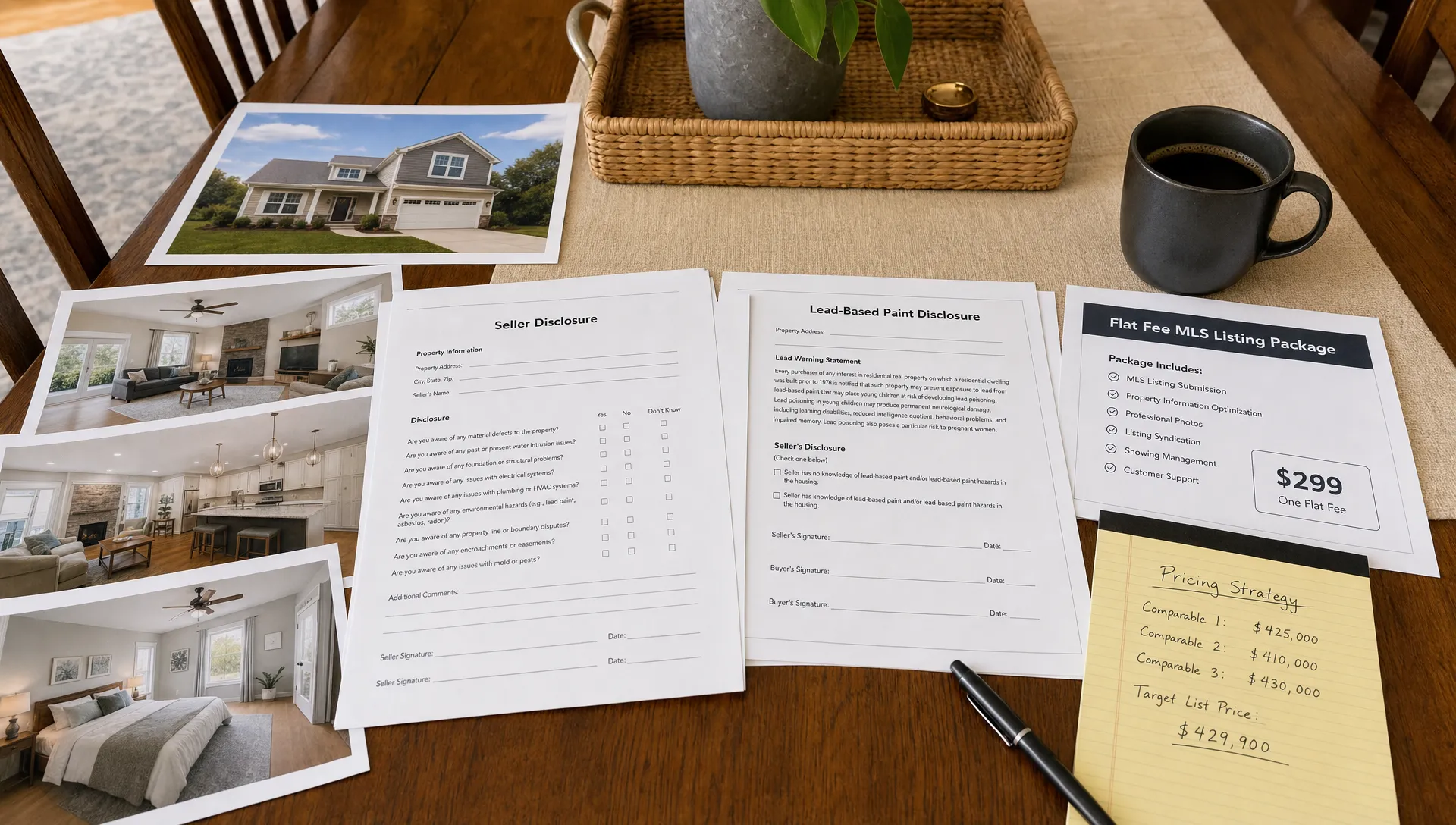Printed property photos, disclosure forms, and pricing notes spread across a dining table as a seller prepares a flat fee MLS listing package.