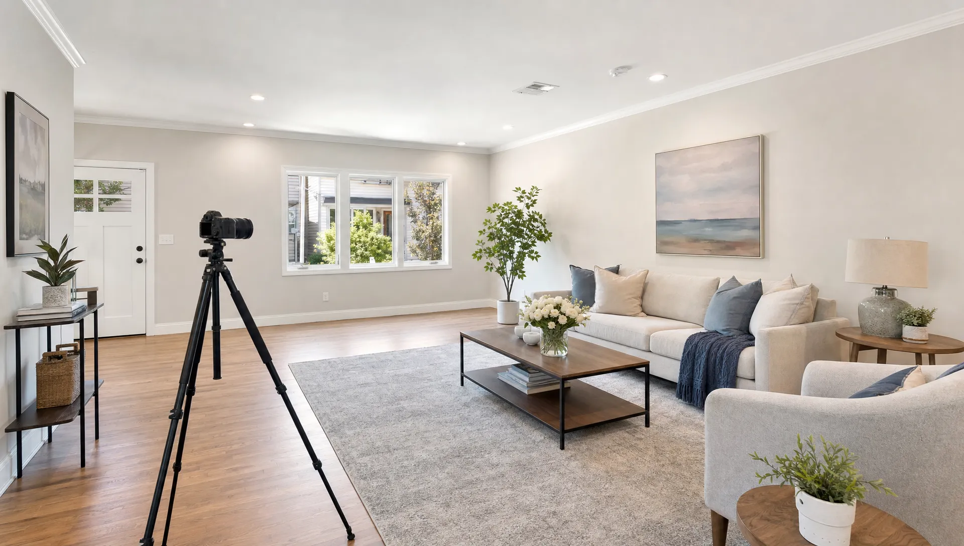 A clean living room with a tripod, fresh flowers, and open space ready for real estate listing photos.