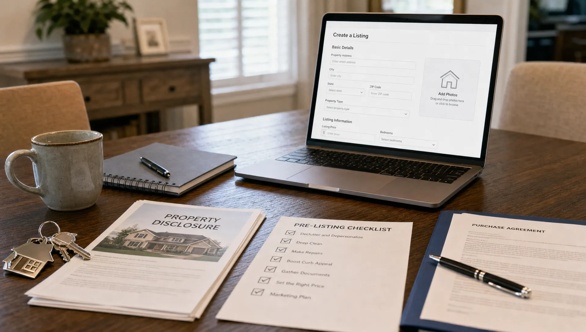 A dining table holds house keys, property documents, a pre-listing checklist, and a laptop showing a simple home listing form.