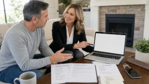 A home seller and broker review a flat fee listing checklist, disclosures, and fees in a living room.
