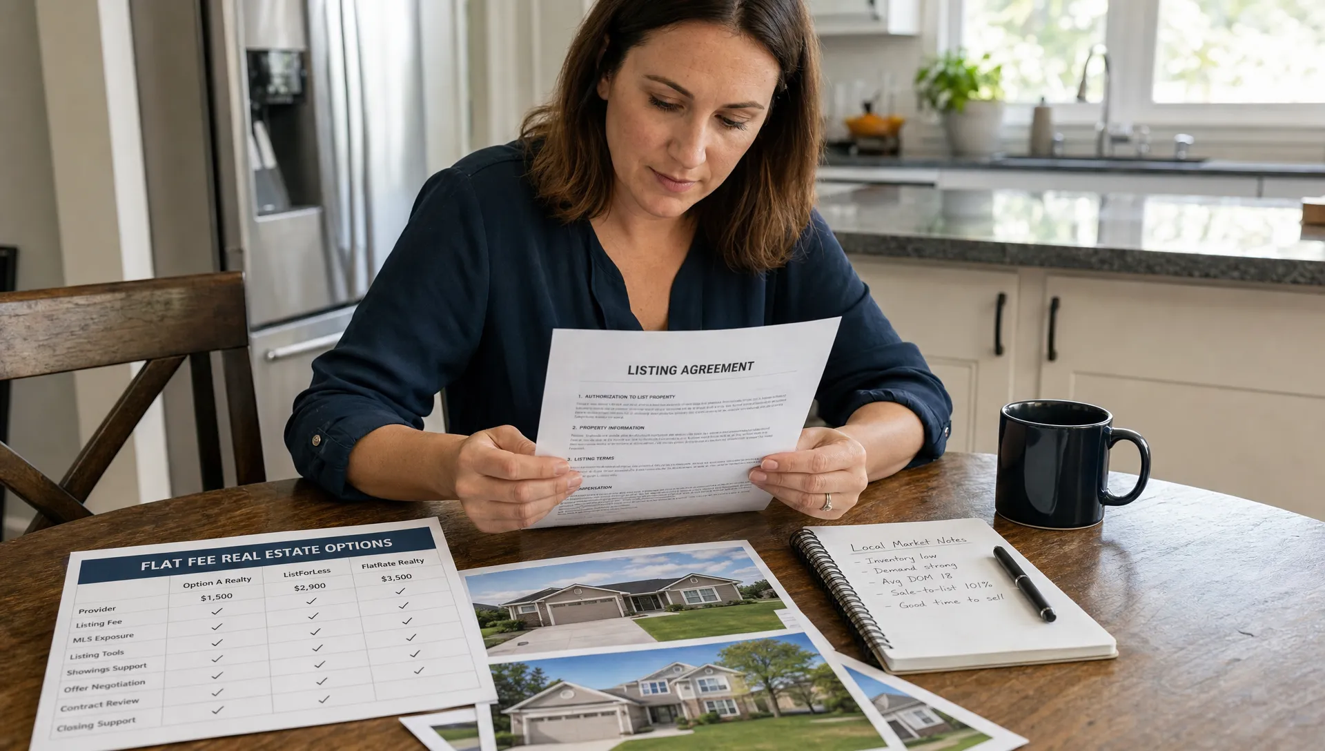 A home seller reviews a printed listing agreement, property photos, and local market notes on a kitchen table while comparing flat fee real estate agent options.