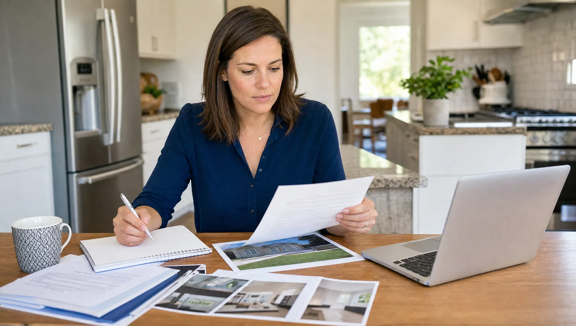 A home seller reviews listing paperwork, property photos and a laptop in a kitchen while preparing an MLS entry-only listing.