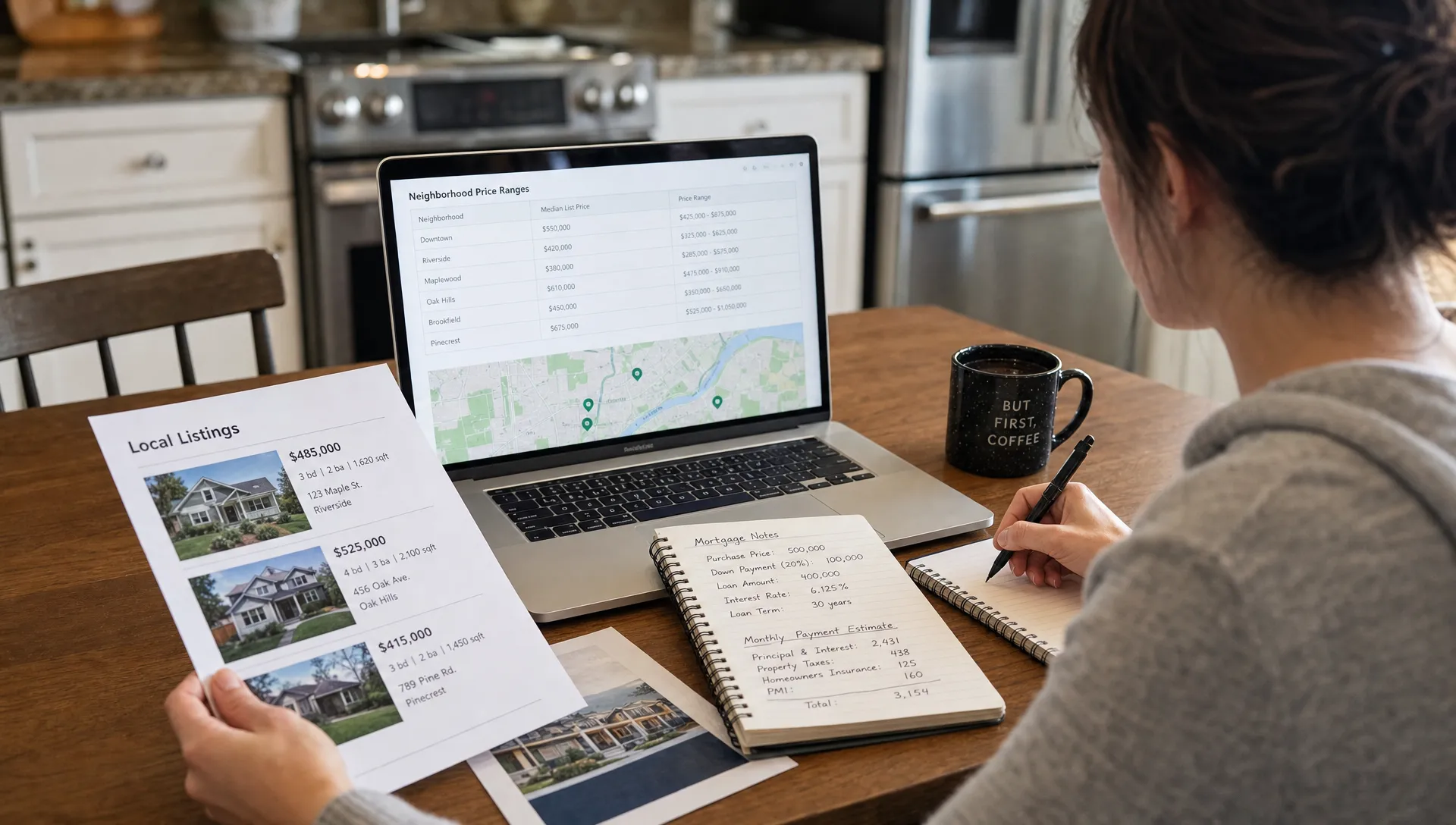 A homebuyer reviewing neighborhood price ranges, mortgage notes, and printed local house listings on a kitchen table with a laptop open beside them.