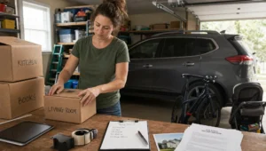 A homeowner in a garage sorts moving boxes and real estate documents while managing a flat fee MLS sale.