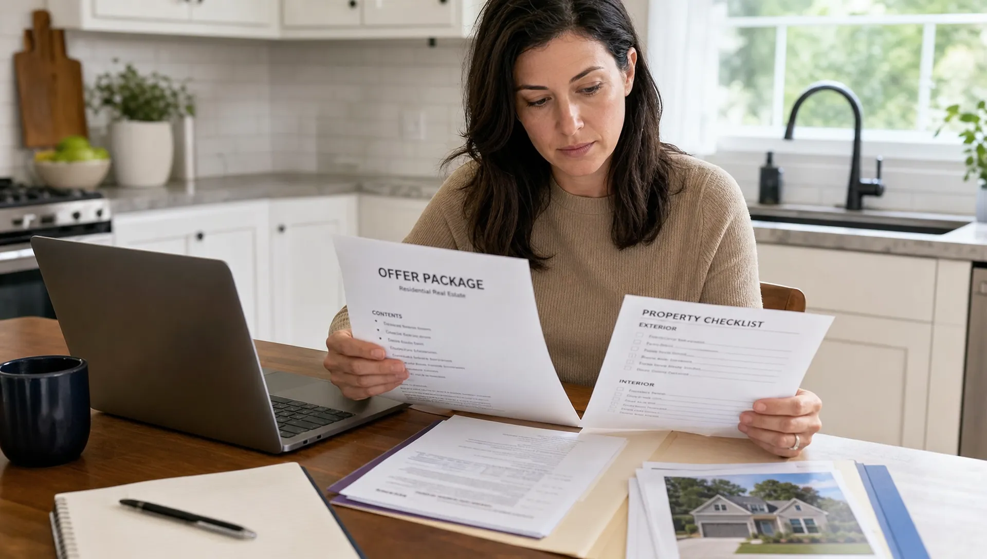A homeowner reviews an offer package and property checklist at a kitchen table beside a laptop for an MLS-only listing.
