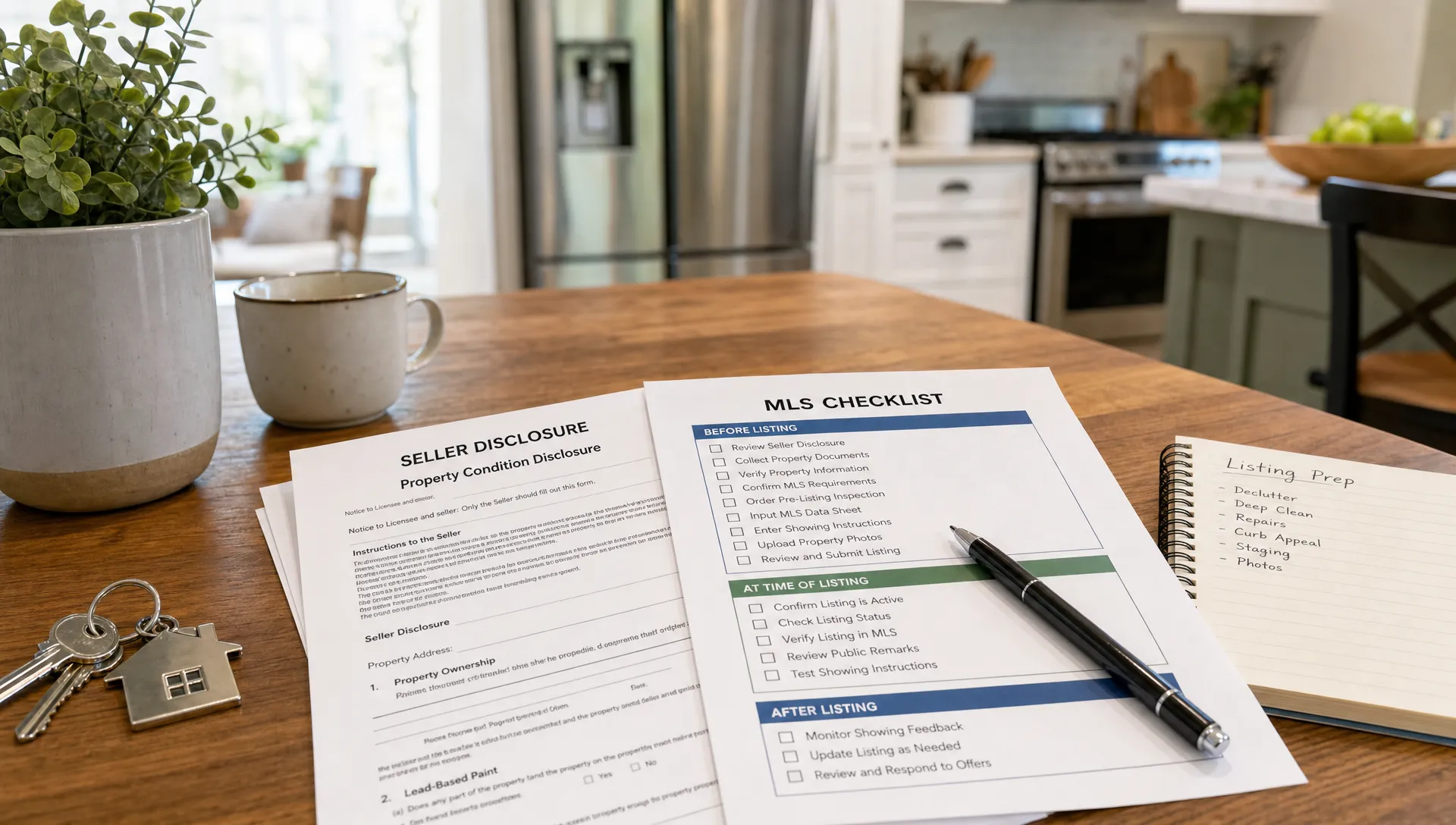 A kitchen table holds house keys, a pen, disclosure forms, and an MLS checklist as a seller gets ready to list a home.