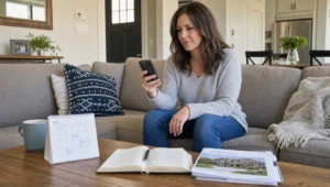 A seller checks showing messages at home while papers and a calendar track an MLS-only listing.
