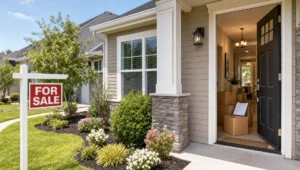 A tidy home with a for-sale sign and moving boxes suggests it is almost ready to list.
