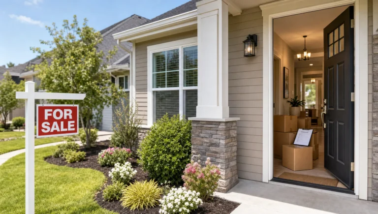 A tidy home with a for-sale sign and moving boxes suggests it is almost ready to list.