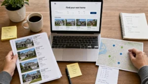 Hands sorting local house listings beside a neighborhood map, commute note, and laptop during an active home search.