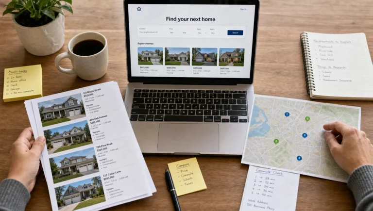 Hands sorting local house listings beside a neighborhood map, commute note, and laptop during an active home search.
